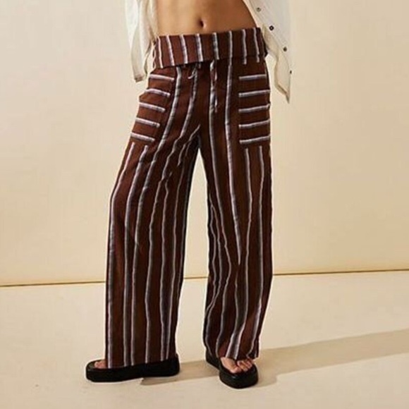 Free People came to play wide leg striped pants Brown Cream blue women’s size xs - Picture 6 of 7